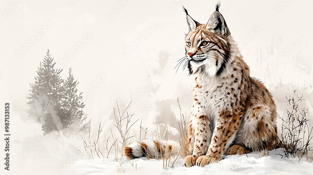Fototapeta premium A lynx roams through a winter wonderland, snowflakes softly falling around.