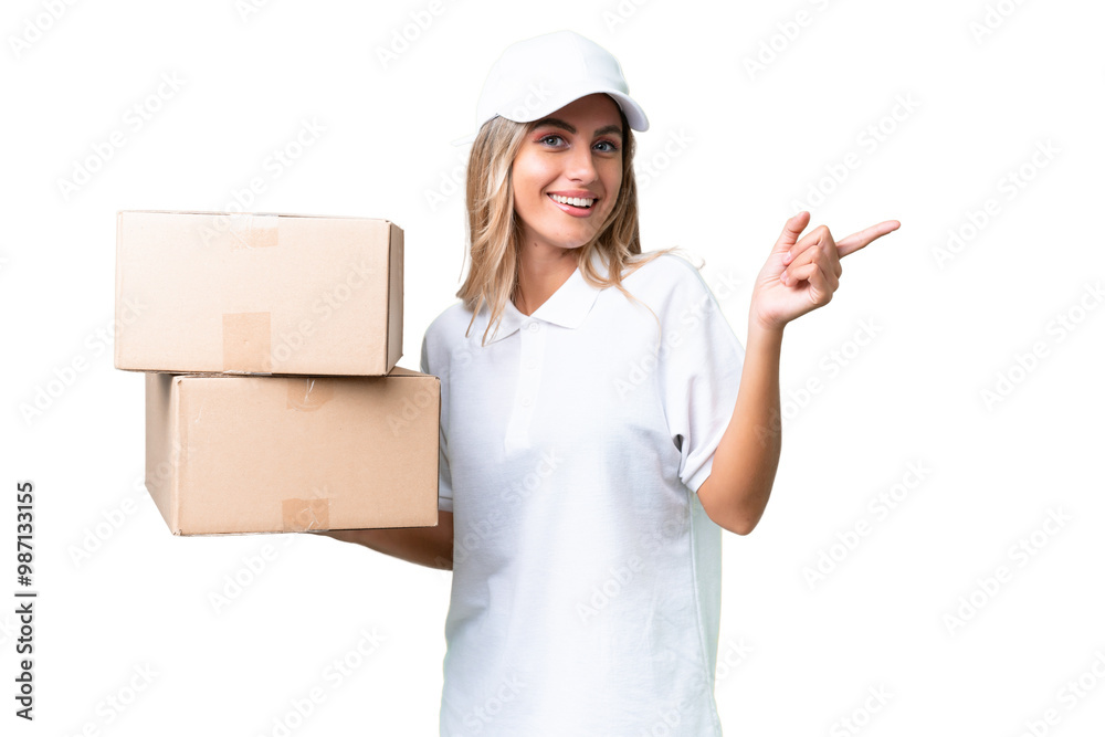 Delivery Uruguayan woman over isolated background pointing finger to the side Delivery Uruguayan woman over isolated background pointing finger to the side
