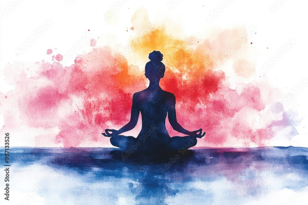Serene Stress Relief: Deep Breathing Exercise in Tranquil Watercolor Setting
