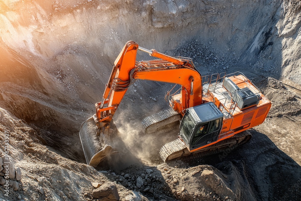 Excavator operating in a mining site, dust rising around. Excavator operating in a mining site, dust rising around.