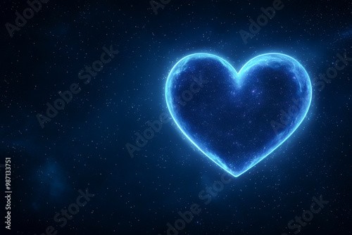 A glowing blue heart symbol against a dark starry background, representing love and connection in a cosmic setting.