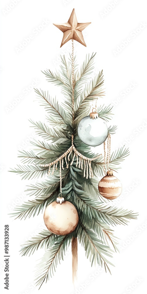 Boho style Christmas tree clipart, adorned with macrame ornaments, watercolor illustration, earthy colors, isolated on white background Boho style Christmas tree clipart, adorned with macrame ornaments, watercolor illustration, earthy colors, isolated on white background