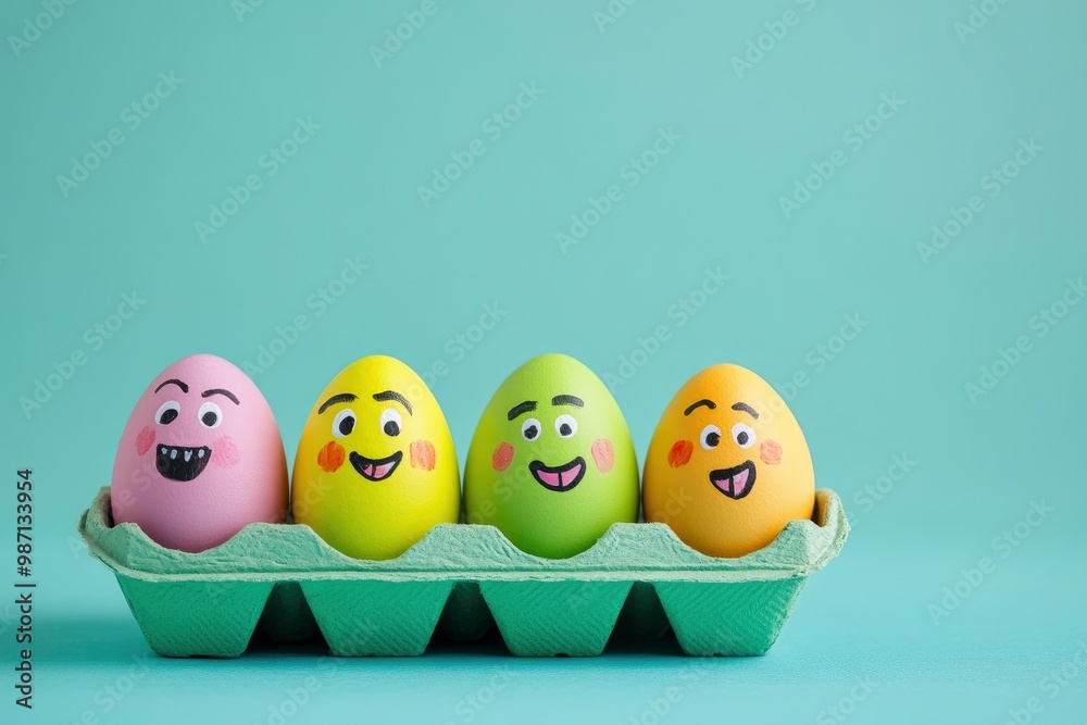 Cute easter eggs with funny faces in green box isolated on light blue background. Happy easter concept. Painted Easter eggs , ai Cute easter eggs with funny faces in green box isolated on light blue background. Happy easter concept. Painted Easter eggs , ai