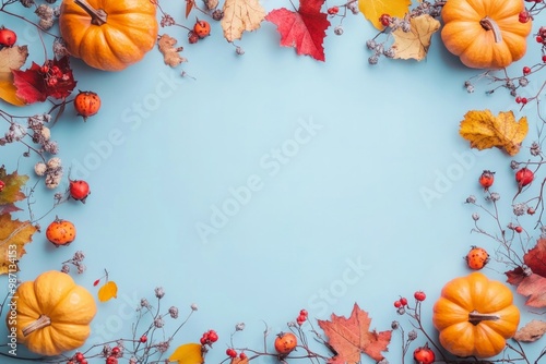 Autumn frame made of pumpkins, leaves, and berries on a light blue background with copy space. Flat lay, AI Generative