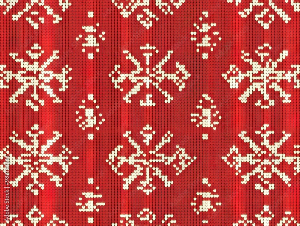 2408 5.A Christmas seamless pattern with a red knitted texture, featuring geometric ornamentation reminiscent of winter fair isle sweater designs. The festive color palette and detailed knit pattern 2408 5.A Christmas seamless pattern with a red knitted texture, featuring geometric ornamentation reminiscent of winter fair isle sweater designs. The festive color palette and detailed knit pattern