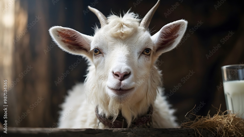 A Curious Goat Looks on in a Rustic Barn While a Glass of Milk is Placed Nearby in the Warm Afternoon Light A Curious Goat Looks on in a Rustic Barn While a Glass of Milk is Placed Nearby in the Warm Afternoon Light