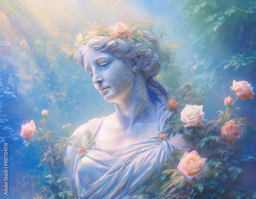 Ancient beautiful woman statue with pastel roses, misty forest background