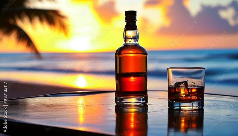 Bottle of whiskey and glass on a beach table, sunset background