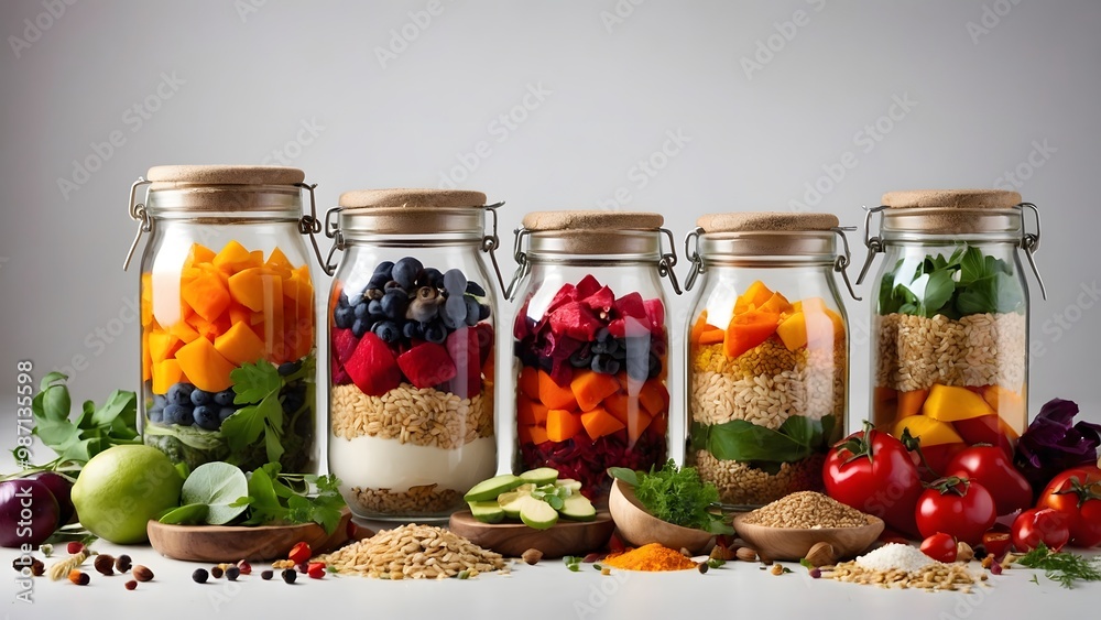 Colorful Jars Filled With Fresh Fruits, Vegetables, and Grains Arranged on a Simple Background in a Bright Kitchen Colorful Jars Filled With Fresh Fruits, Vegetables, and Grains Arranged on a Simple Background in a Bright Kitchen