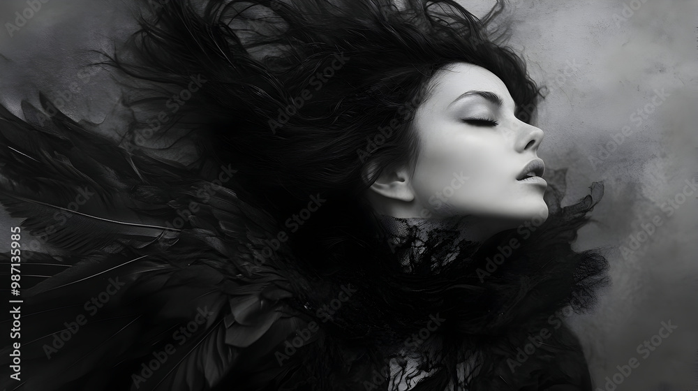 Elegant Black and White Portrait of a Woman with Flowing Dark Hair and Feathers in a Dramatic and Mysterious Atmosphere Elegant Black and White Portrait of a Woman with Flowing Dark Hair and Feathers in a Dramatic and Mysterious Atmosphere
