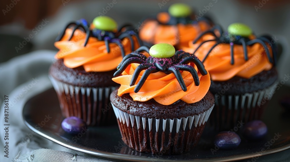 Spooky Halloween cupcakes with orange and black frosting decorated with fondant spiders purple sprinkles and other festive touches Perfect for a Halloween party or trick or treating Spooky Halloween cupcakes with orange and black frosting decorated with fondant spiders purple sprinkles and other festive touches Perfect for a Halloween party or trick or treating