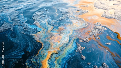 Slika na platnu A vibrant, swirling mix of blue and orange hues in water, suggesting a natural or man-made phenomenon, possibly oil or chemical residue