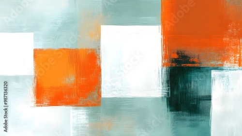 Abstract art with orange and blue color blocks on a light background
