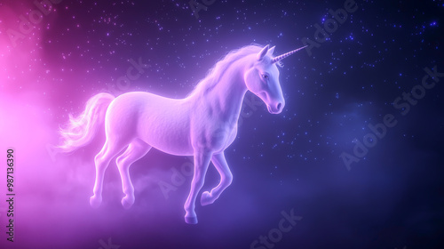 A glowing unicorn elegantly trots through a mystical night sky, surrounded by soft pastel colors and shimmering stars.