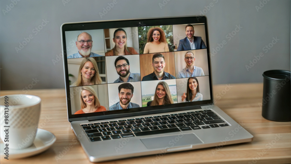 Laptop with open screen showing a video call with many faces against a wooden surface Laptop with open screen showing a video call with many faces against a wooden surface