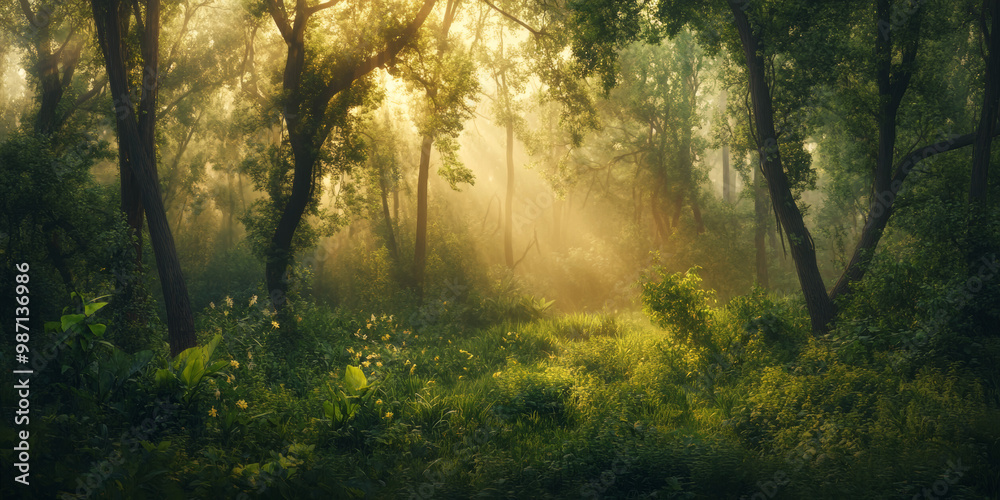 Misty Lush Forest at Golden Hour in Summer Season Misty Lush Forest at Golden Hour in Summer Season