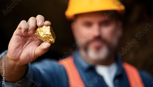 A miner holding gold nugget, point focus on the gemstone. Mineral exploration concept, blurred background photo