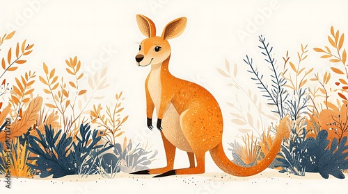 A cute kangaroo stands in a field of bushes, blending into the lush greenery. photo