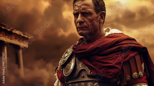 Ancient Roman Soldier at Sunset in Dramatic Atmosphere photo