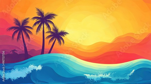 Silhouette of Palm Trees on a Sunset Beach with Ocean Waves