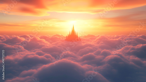 A majestic castle rises above fluffy clouds, illuminated by a vibrant sunrise, creating a magical and dreamlike atmosphere.