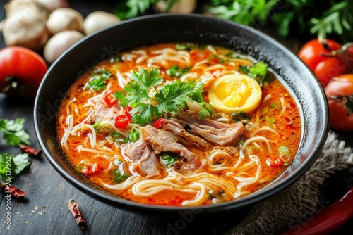 Ramen Noodles Spicy Tomyum Soup with Roast Pork - Fusion food style , ai