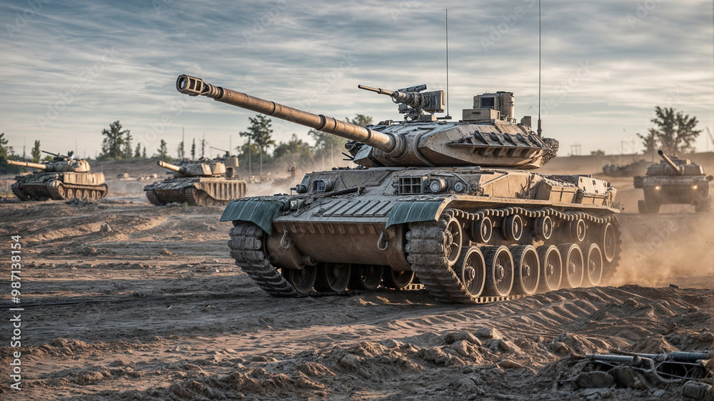 Futuristic Battle Scene: Drones and Tanks in Combat