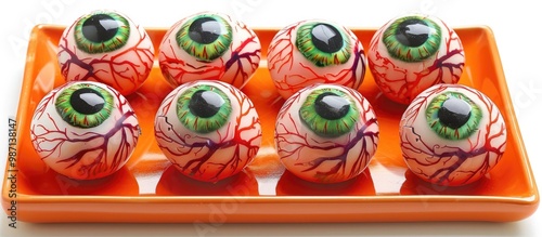 Spooky Halloween themed desserts such as cupcakes and cakes decorated with unsettling gummy eyeballs in shades of green and red These creepy