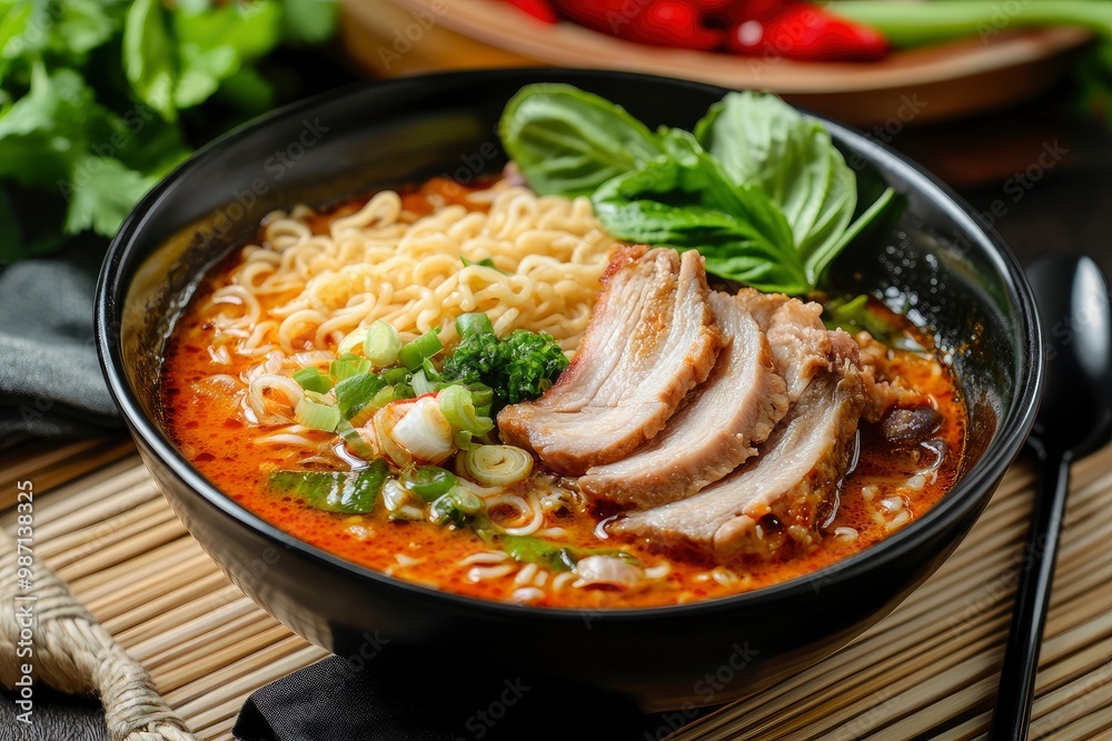 Ramen Noodles Spicy Tomyum Soup with Roast Pork - Fusion food style , ai Ramen Noodles Spicy Tomyum Soup with Roast Pork - Fusion food style , ai