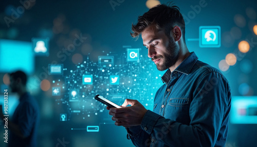 Portrait of Caucasian Man Using Smartphone in Metaverse With Animated Stream Of Interfaces With Social Media, e-Commerce Shopping, Internet Influencers And Games. Visualization Of Web Network. 