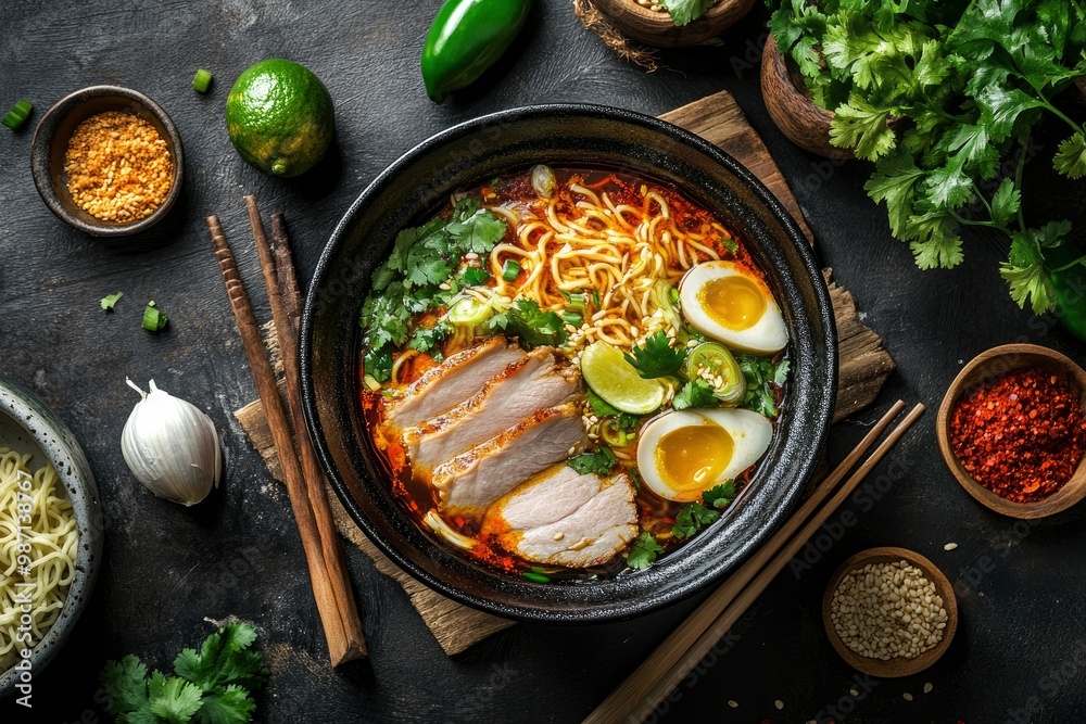 Ramen Noodles Spicy Tomyum Soup with Roast Pork - Fusion food style , ai Ramen Noodles Spicy Tomyum Soup with Roast Pork - Fusion food style , ai