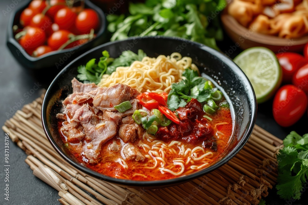 Ramen Noodles Spicy Tomyum Soup with Roast Pork - Fusion food style , ai Ramen Noodles Spicy Tomyum Soup with Roast Pork - Fusion food style , ai