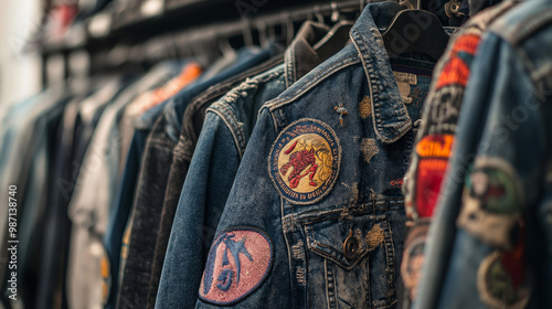Vintage denim jackets with embroidered patches hanging on a rack, showcasing retro fashion and unique designs, colorful outerwear concept