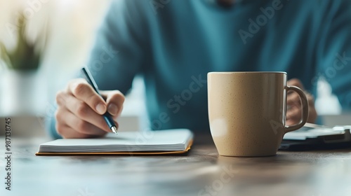 A serene workspace reveals a hand poised to write in a notebook next to a warm coffee cup, creating an inviting atmosphere. The background blurs, enhancing focus.. Working Relax Concept