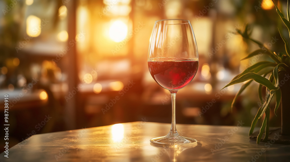Elegant wine glass on table reflecting warm sunset light, outdoor dining aesthetic concept Elegant wine glass on table reflecting warm sunset light, outdoor dining aesthetic concept