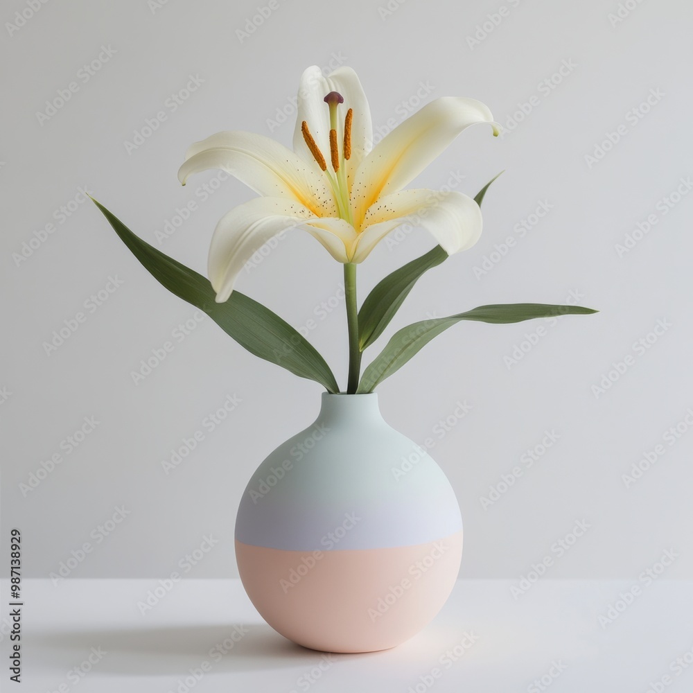 A modern arrangement featuring a single white lily in a pastel-colored vase, set against a clean white surface A modern arrangement featuring a single white lily in a pastel-colored vase, set against a clean white surface