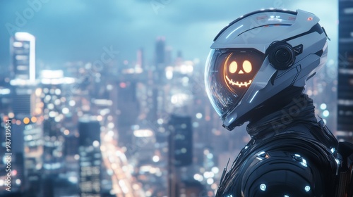 Futuristic cyberpunk Halloween costume with neon-lit helmet and holographic jack-o-lantern decorations glowing in a high-tech cityscape photo