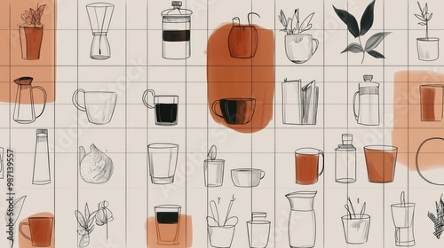 Illustrative pattern of various beverage containers and plants in a modern artistic style. photo