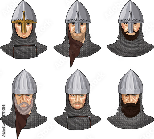 Set of 6 busts of Early Medieval European or Norman Lords, Knights or Crusaders in Chain Mail with Helmets, Isolated on Transparent Background, EPS 10 Vector