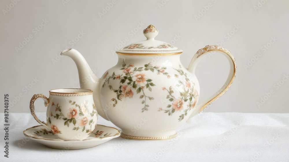 A classic white teapot with matching creamer, both adorned with gold trim and floral patterns, resting on a soft white surface. A classic white teapot with matching creamer, both adorned with gold trim and floral patterns, resting on a soft white surface.