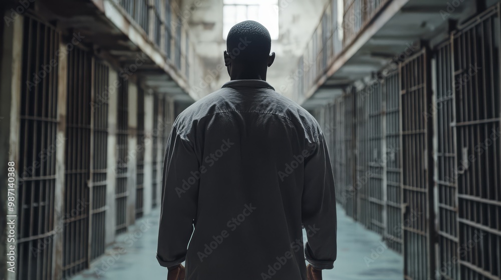 A man standing alone in a dimly lit prison corridor, facing away with solemn atmosphere and empty cells on both sides. A man standing alone in a dimly lit prison corridor, facing away with solemn atmosphere and empty cells on both sides.