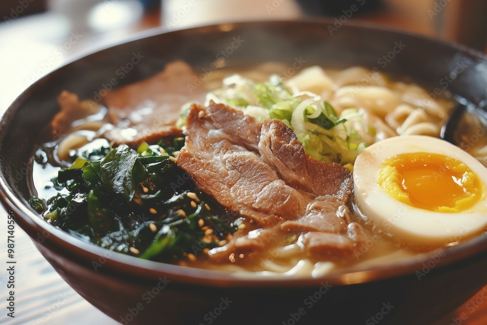 A close-up shot of a bowl of Japanese noodle soup with pork, egg, and greens , ai A close-up shot of a bowl of Japanese noodle soup with pork, egg, and greens , ai