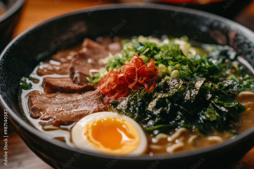 A close-up shot of a bowl of Japanese noodle soup with pork, egg, and greens , ai