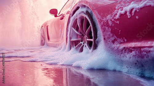 Colorful retro car covered in rich soap foam and bubbles at a vibrant car wash concept new beautiful stock image illustration AI photo