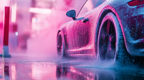 Colorful retro car covered in rich soap foam and bubbles at a vibrant car wash concept new beautiful stock image illustration AI photo