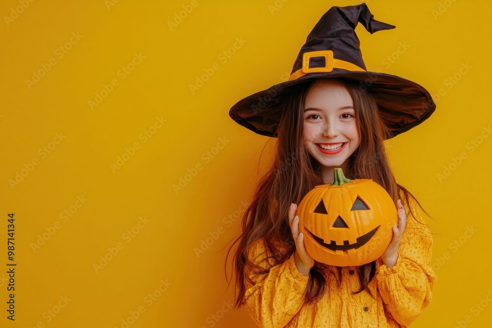 Fototapeta premium funny girl in witch costume for halloween with pumpkin jack and on yellow color background. Space for text