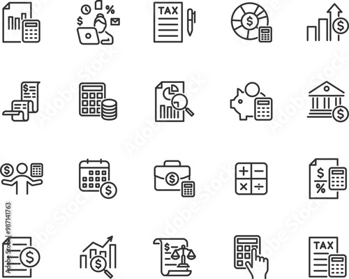 Vector set of accounting line icons. Contains icons financial statement, tax return, invoice, accountant, financial audit, budget, balance sheet and more. Pixel perfect.