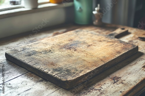 An old and moldy wooden board for cutting vegetables with knife scratches. Vintage kitchen appliance for cooking food , ai