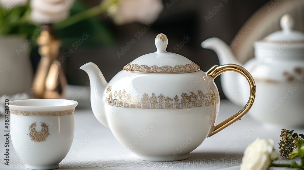 A luxurious white teapot and creamer with fine gold trim and intricate floral patterns, placed elegantly on a clean table. A luxurious white teapot and creamer with fine gold trim and intricate floral patterns, placed elegantly on a clean table.