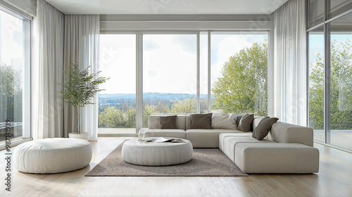 Minimalist living room with floor-to-ceiling windows, neutral tones, and modern furniture.